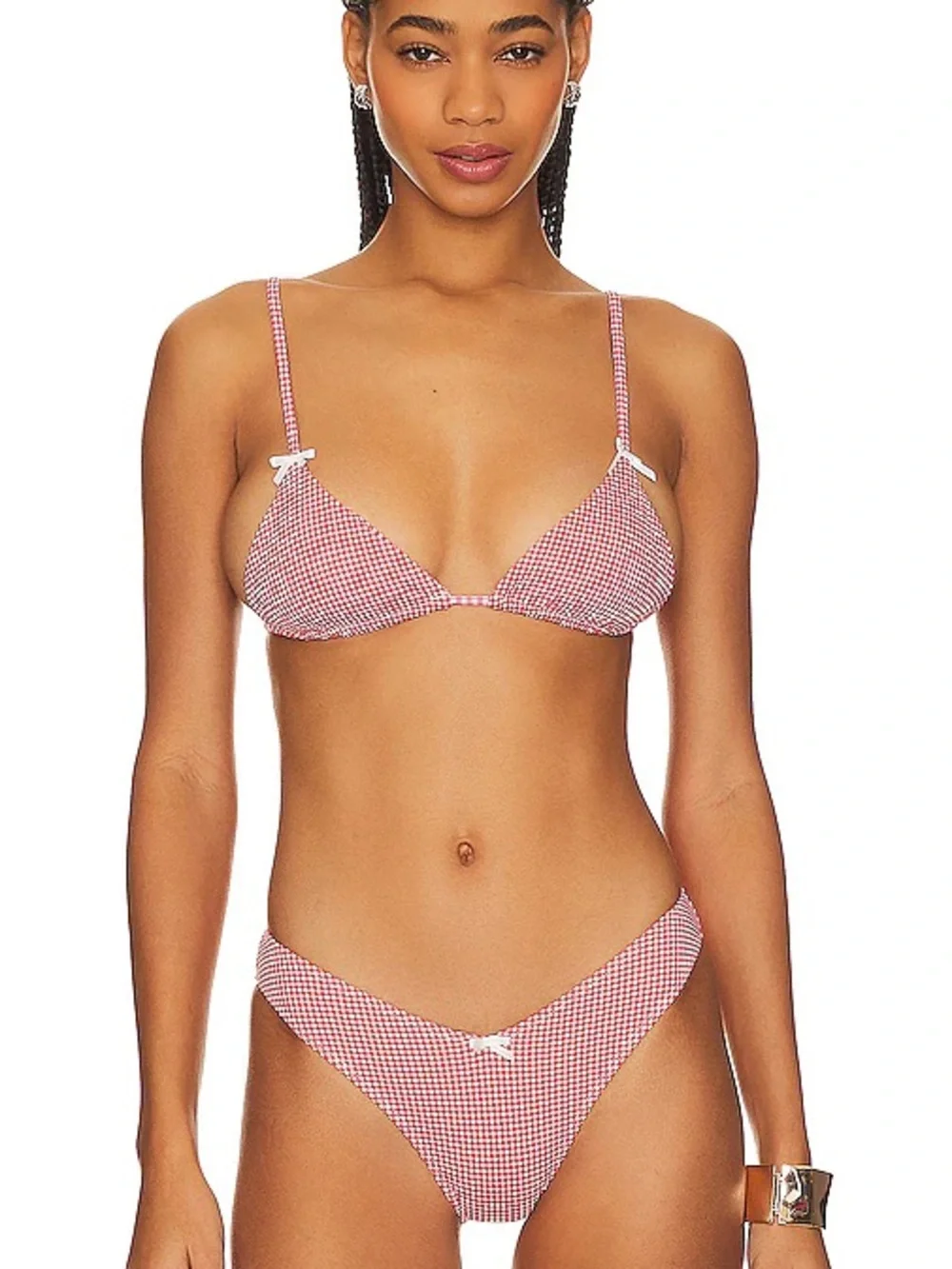 Frankie's Bikinis Red Gingham Triangle Bralette & Brief Set